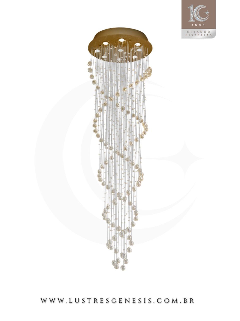 Lustre de cristal DNA da Linha Kria para casas com pé direito duplo, com design espiral e cristais K9 legítimos, ideal para ambientes sofisticados.